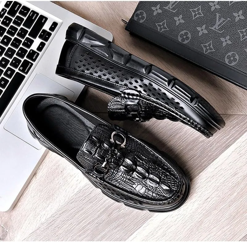 Men's Black Leather Platform Chunky Slip-On Penny Loafers Driving Moccasins for Men Breathable