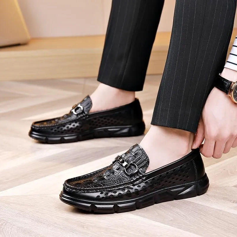 Men's Black Leather Platform Chunky Slip-On Penny Loafers Driving Moccasins for Men Breathable