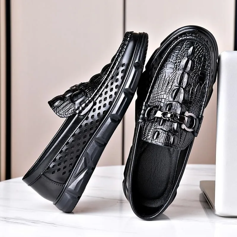 Men's Black Leather Platform Chunky Slip-On Penny Loafers Driving Moccasins for Men Breathable