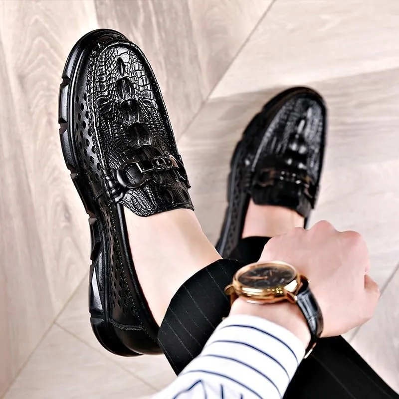 Men's Black Leather Platform Chunky Slip-On Penny Loafers Driving Moccasins for Men Breathable