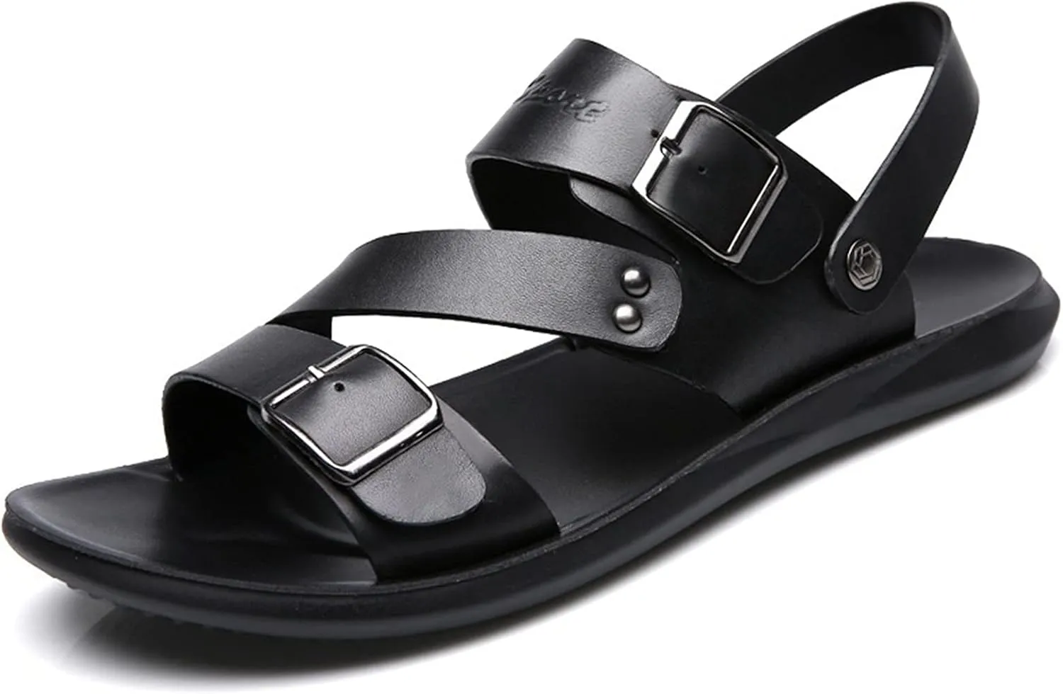 Men's Cut Out Sandal Casual Dual Use Beach Slipper Genuine Leather Open Toe Double Monk Strap Buckle Thick Sole Rivet Solid Color anti-slip