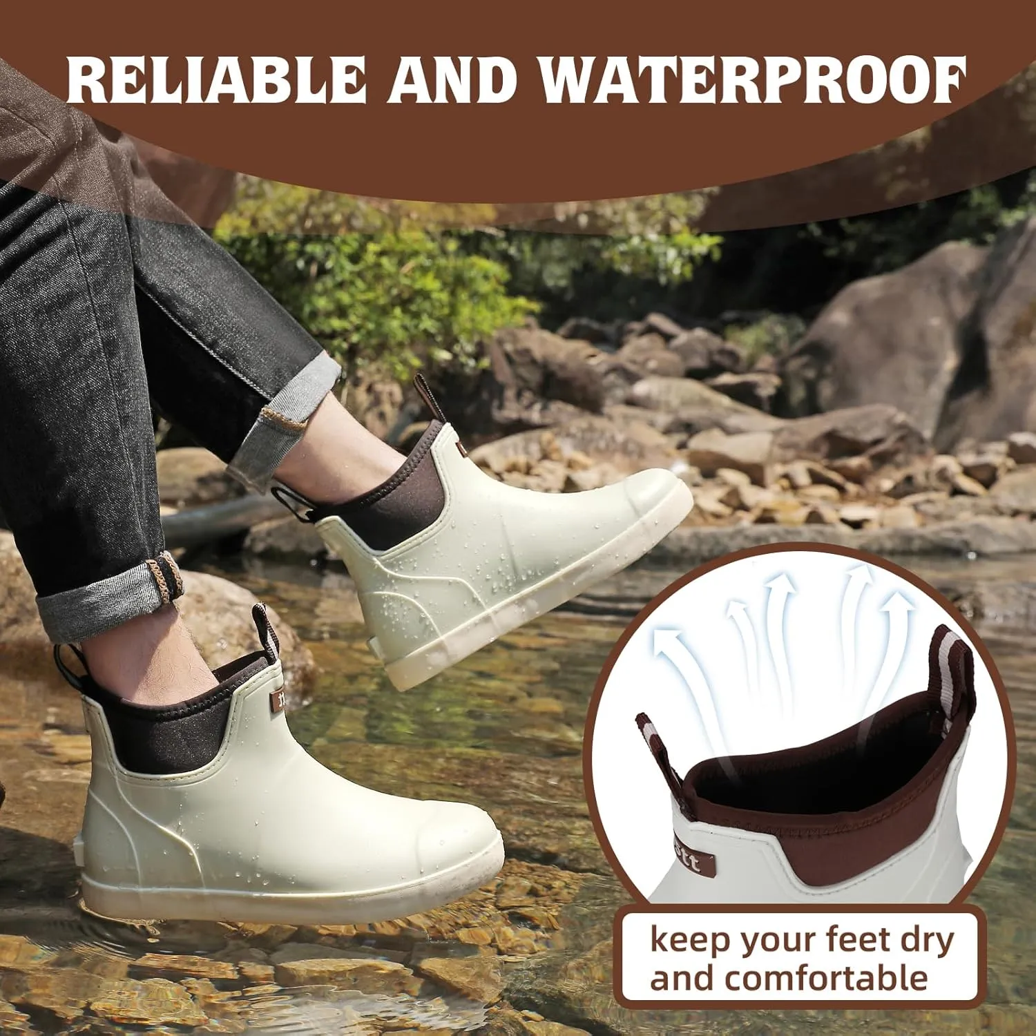 Men’s Deck Boots, Waterproof Men High Traction Fishing Boots, Lightweight Garden Rain Boots, Rubber Boots for Work Ankle, Durable Water Shoes for Boat