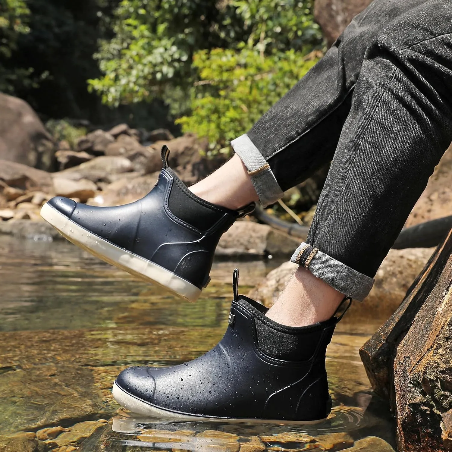Men’s Deck Boots, Waterproof Men High Traction Fishing Boots, Lightweight Garden Rain Boots, Rubber Boots for Work Ankle, Durable Water Shoes for Boat
