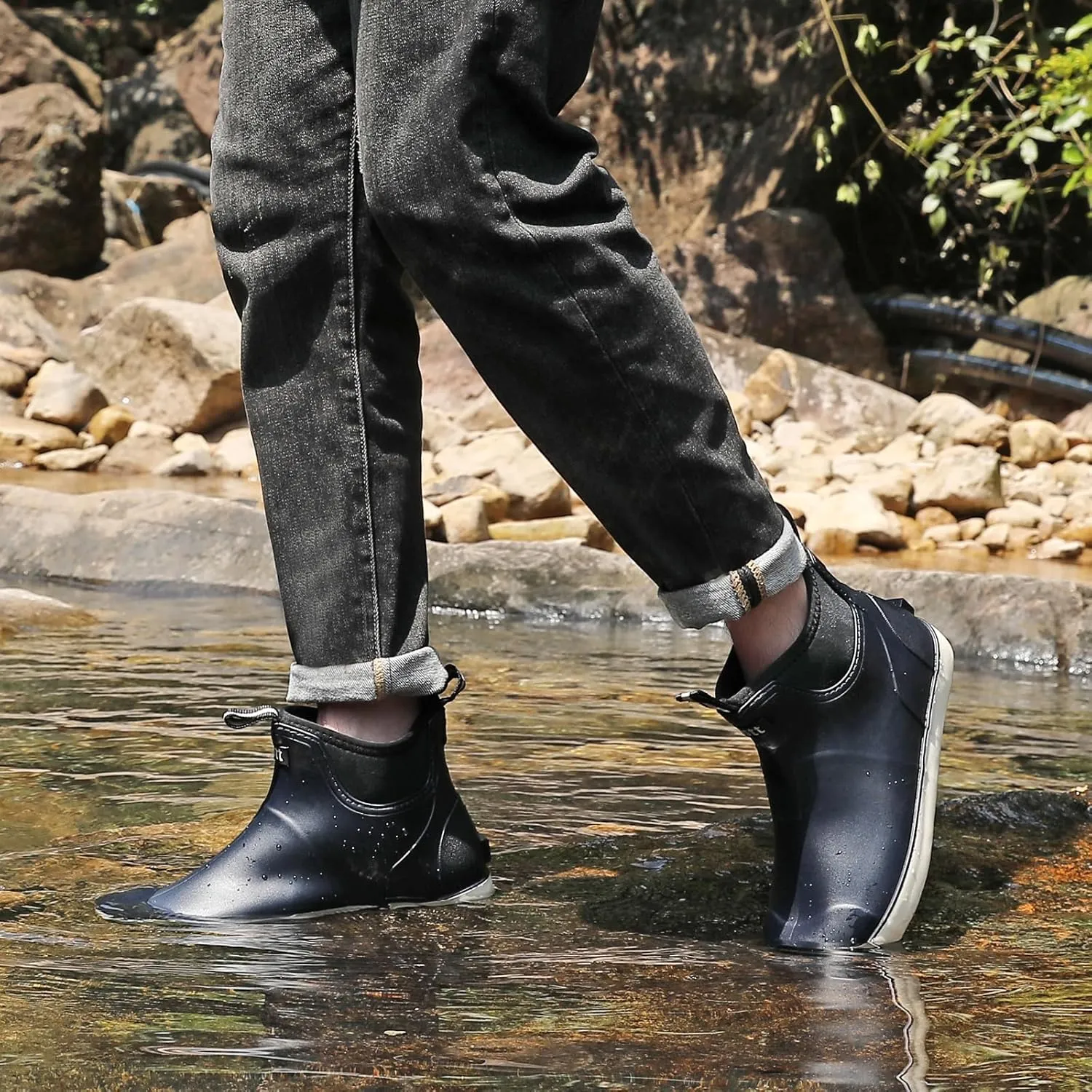 Men’s Deck Boots, Waterproof Men High Traction Fishing Boots, Lightweight Garden Rain Boots, Rubber Boots for Work Ankle, Durable Water Shoes for Boat