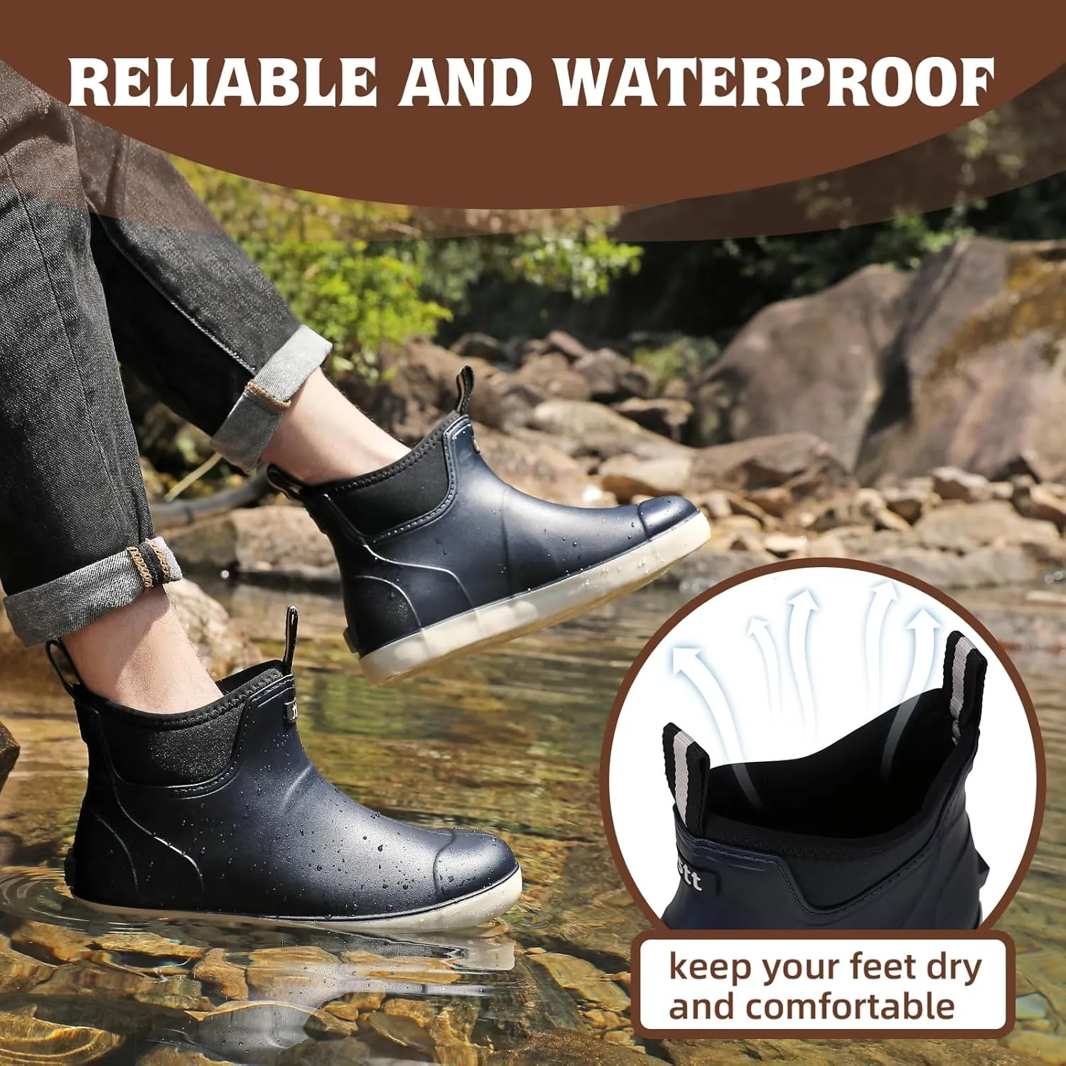Men’s Deck Boots, Waterproof Men High Traction Fishing Boots, Lightweight Garden Rain Boots, Rubber Boots for Work Ankle, Durable Water Shoes for Boat
