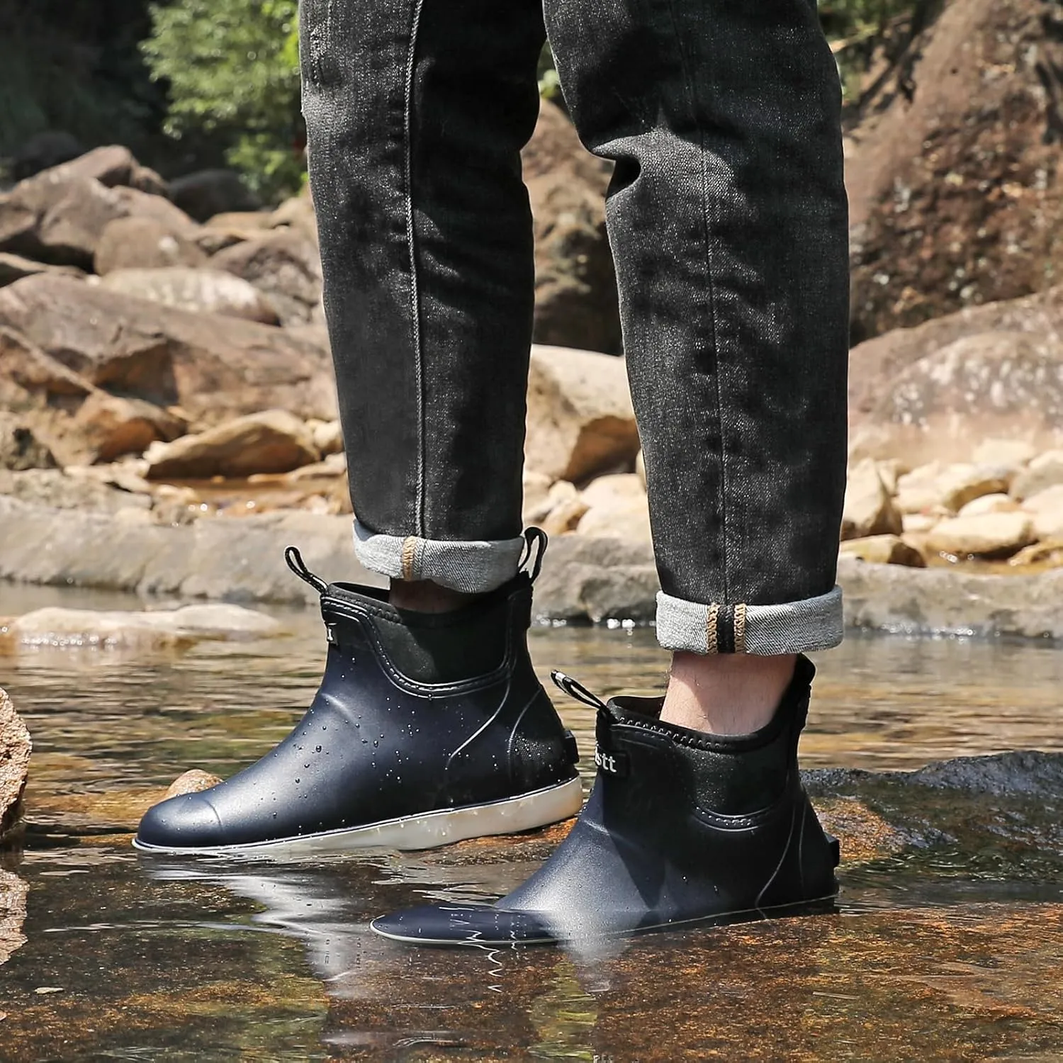 Men’s Deck Boots, Waterproof Men High Traction Fishing Boots, Lightweight Garden Rain Boots, Rubber Boots for Work Ankle, Durable Water Shoes for Boat