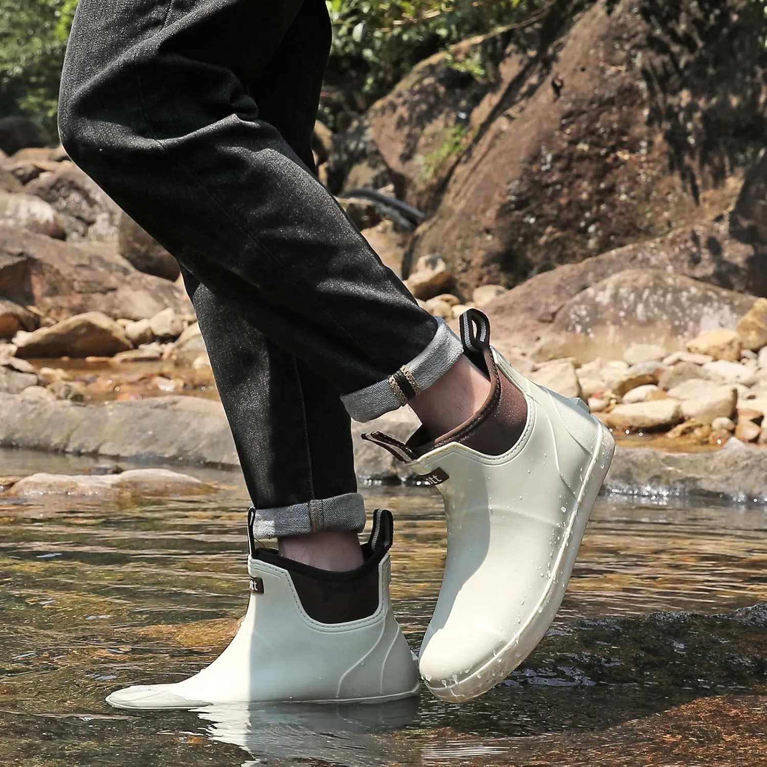 Men’s Deck Boots, Waterproof Men High Traction Fishing Boots, Lightweight Garden Rain Boots, Rubber Boots for Work Ankle, Durable Water Shoes for Boat