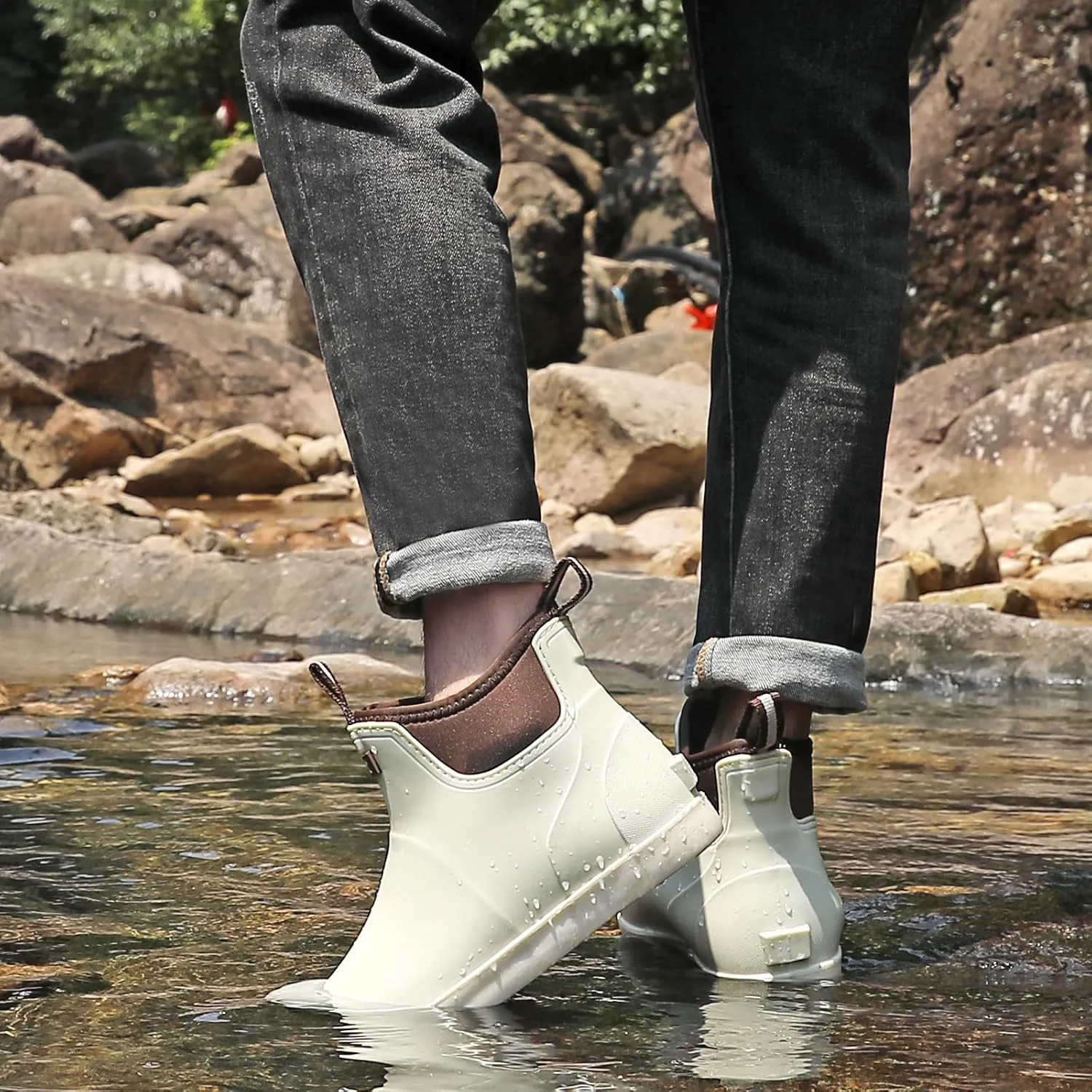 Men’s Deck Boots, Waterproof Men High Traction Fishing Boots, Lightweight Garden Rain Boots, Rubber Boots for Work Ankle, Durable Water Shoes for Boat