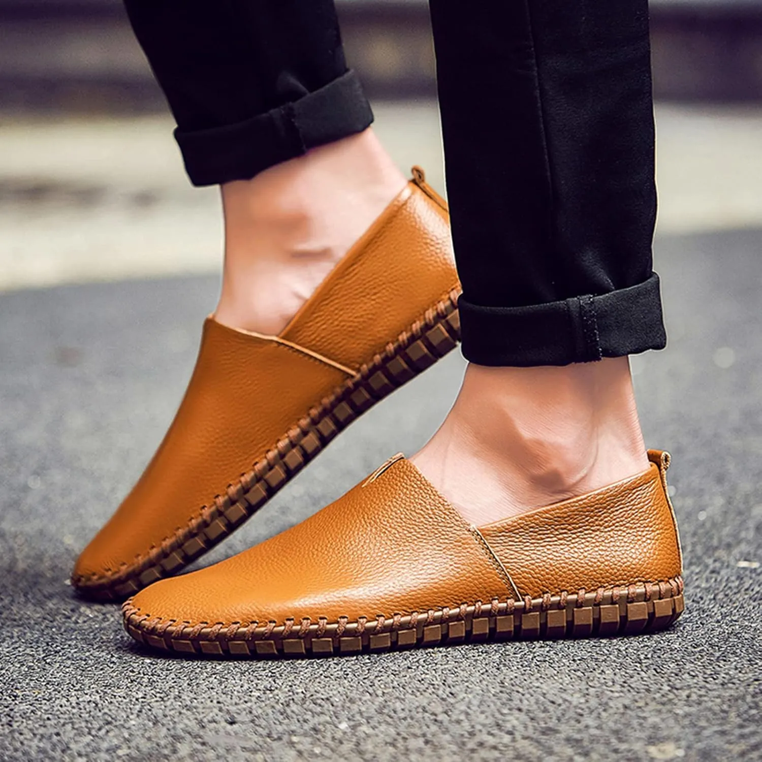 Men's Genuine Leather Loafer Flats Slip-On Soft Handmade Sole Summer Hollowed Casual Driving Shoes