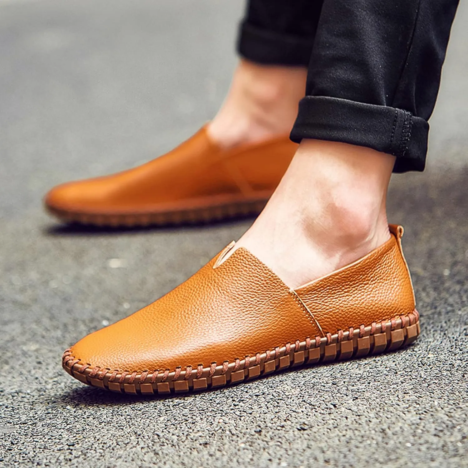 Men's Genuine Leather Loafer Flats Slip-On Soft Handmade Sole Summer Hollowed Casual Driving Shoes