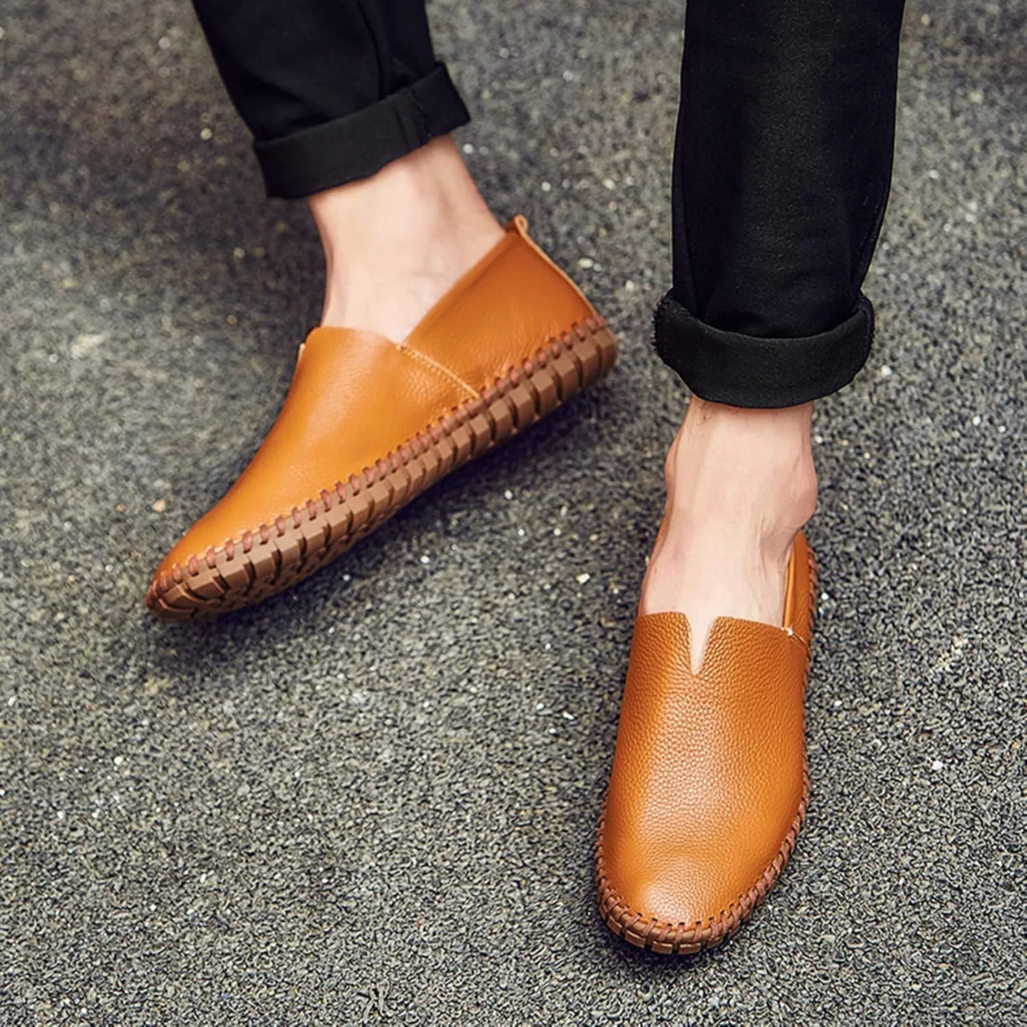Men's Genuine Leather Loafer Flats Slip-On Soft Handmade Sole Summer Hollowed Casual Driving Shoes