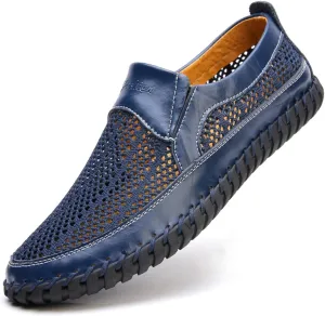 Mens Hollow Mesh Slip-On Loafers Handmade Soft Non-Slip Sole Casual Round Toe Breathable Outdoor Walking Driving Flats Sandals