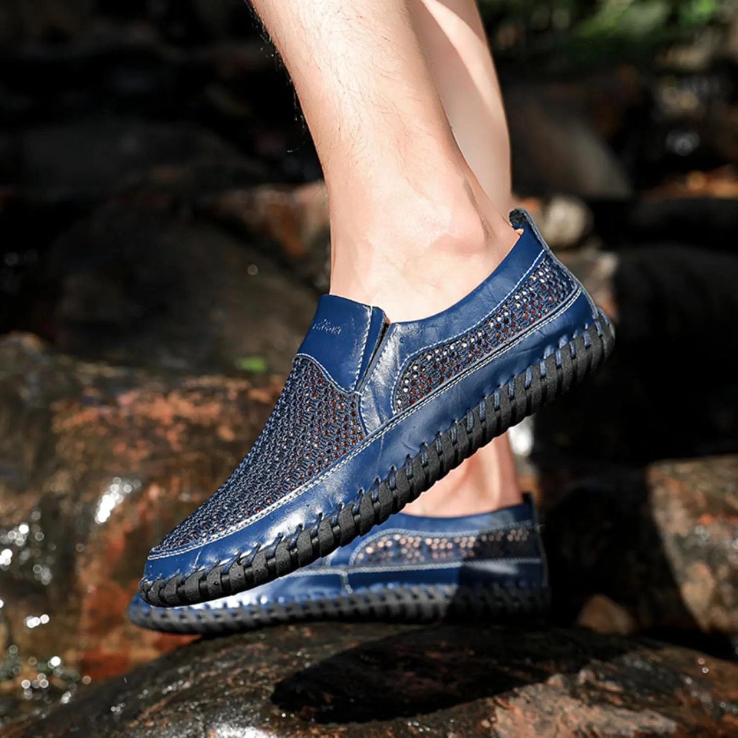 Mens Hollow Mesh Slip-On Loafers Handmade Soft Non-Slip Sole Casual Round Toe Breathable Outdoor Walking Driving Flats Sandals