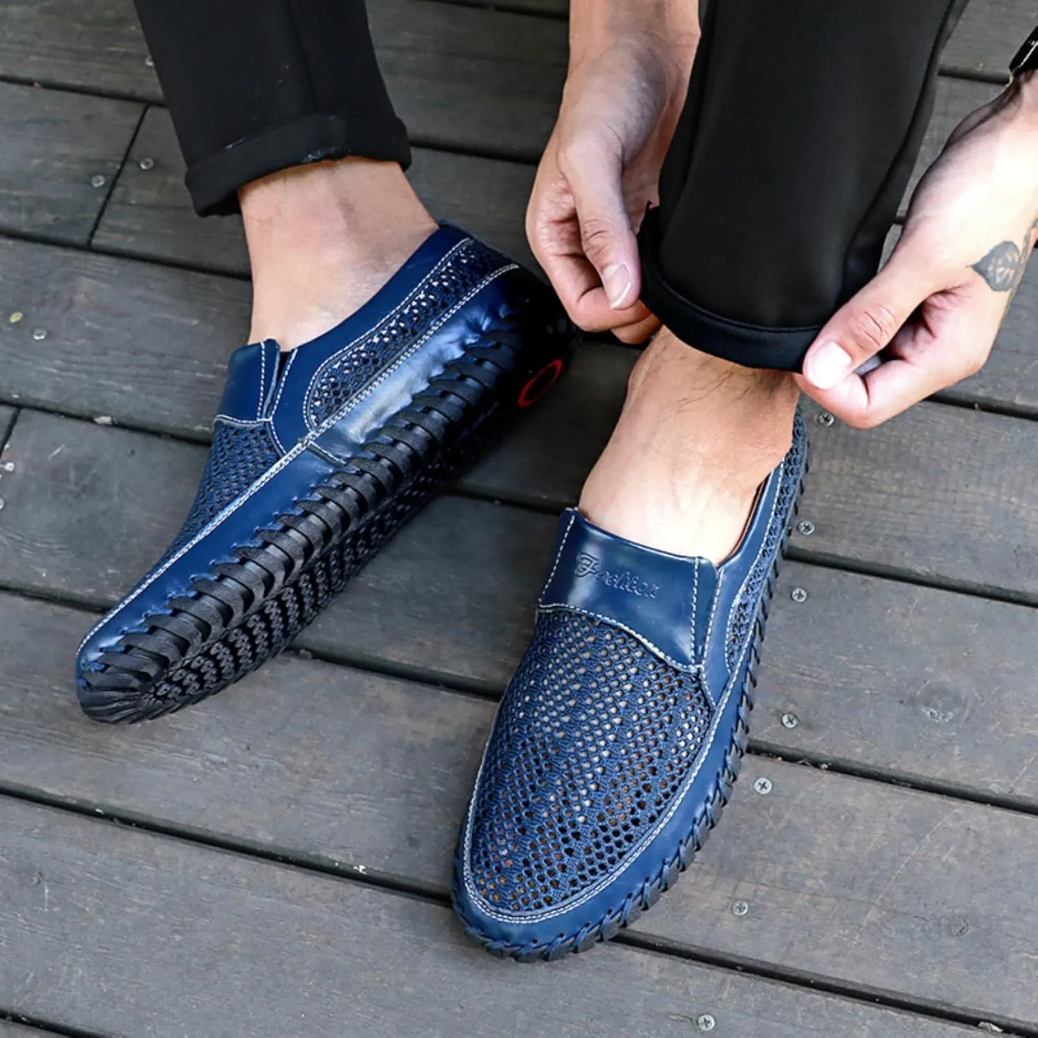 Mens Hollow Mesh Slip-On Loafers Handmade Soft Non-Slip Sole Casual Round Toe Breathable Outdoor Walking Driving Flats Sandals