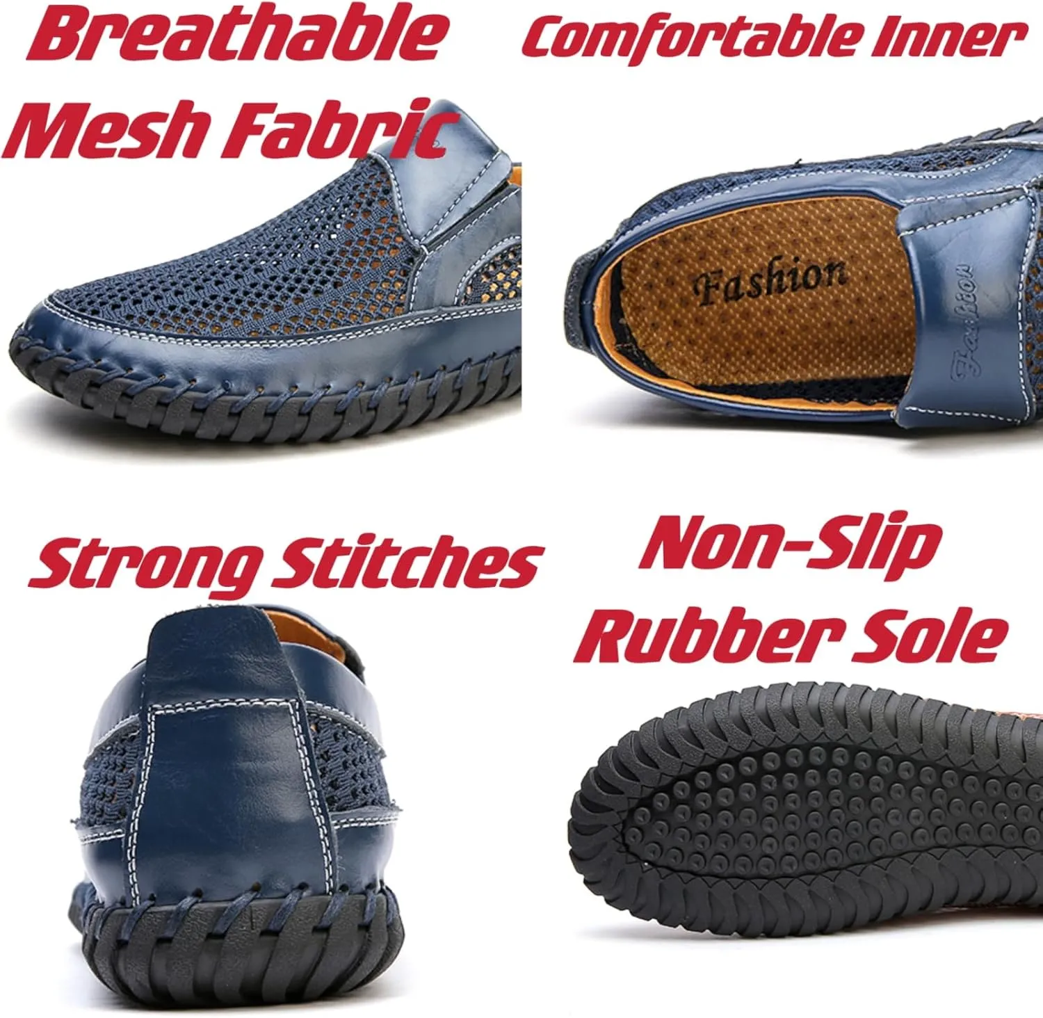 Mens Hollow Mesh Slip-On Loafers Handmade Soft Non-Slip Sole Casual Round Toe Breathable Outdoor Walking Driving Flats Sandals