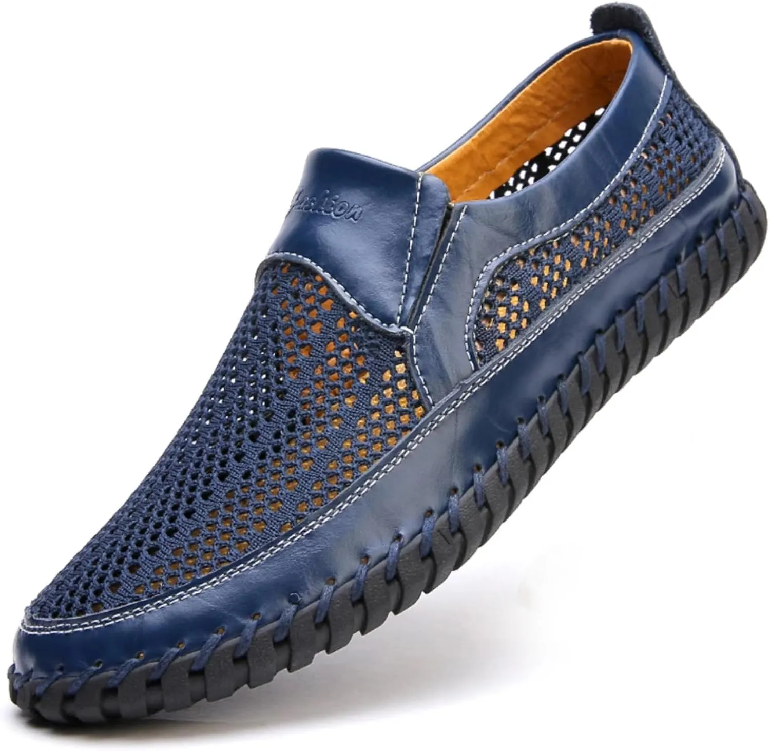 Mens Hollow Mesh Slip-On Loafers Handmade Soft Non-Slip Sole Casual Round Toe Breathable Outdoor Walking Driving Flats Sandals