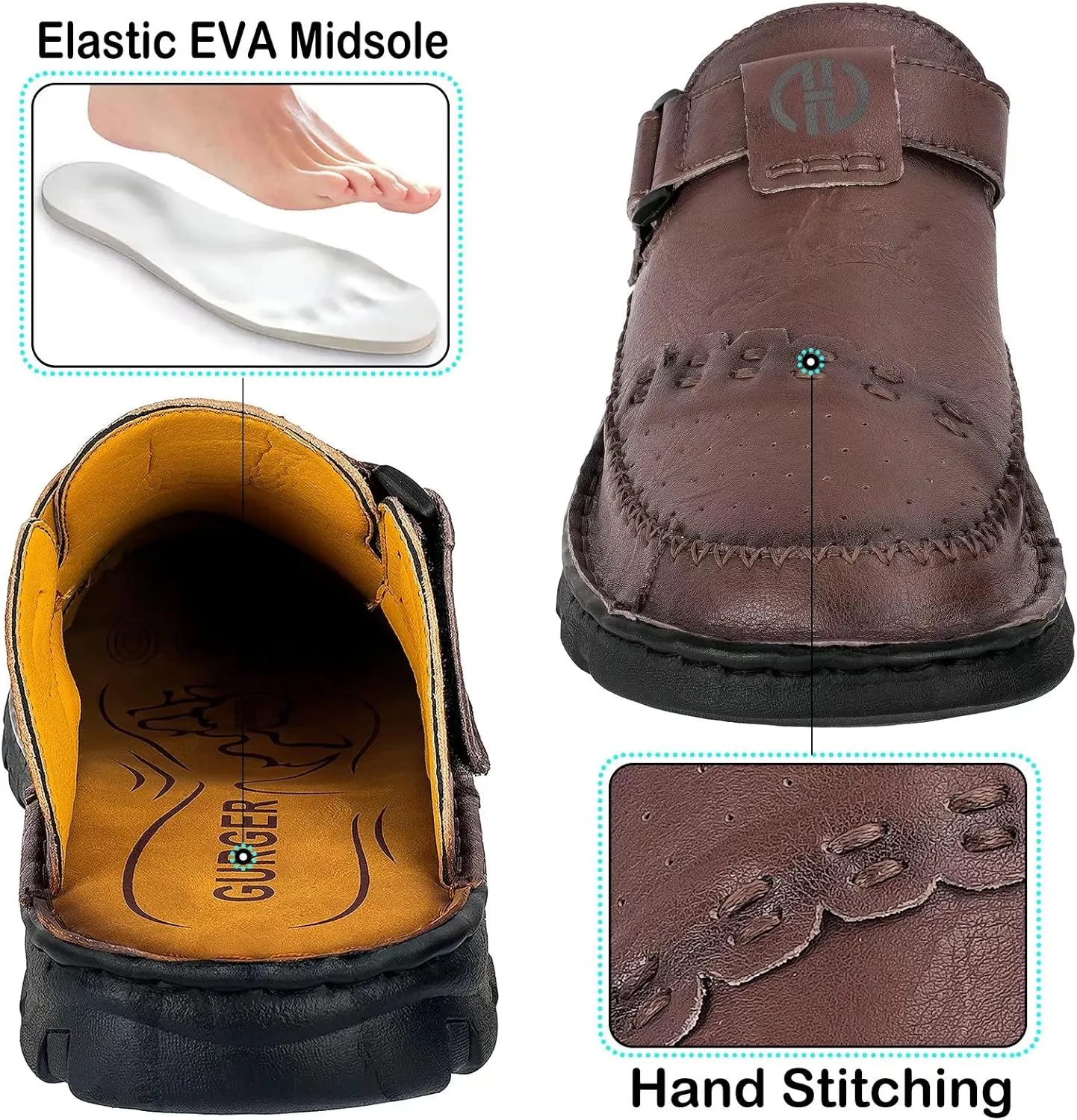 Mens Leather Clogs Mules Summer Slip-on Casual Sandals Soft Leather Thick Sole
