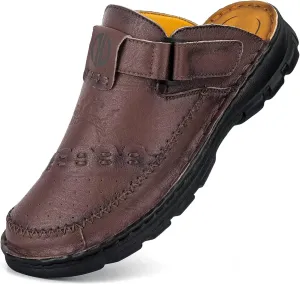 Mens Leather Clogs Mules Summer Slip-on Casual Sandals Soft Leather Thick Sole