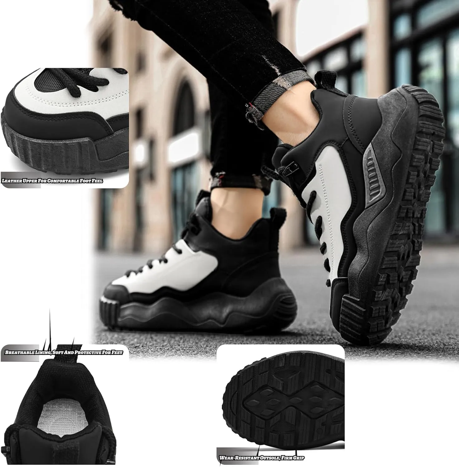 Men's Leather Fashion Casual Sneakers,Pull-On Platform Sneakers,Breathable Non-Slip Shock Absorbing Heighten Outdoor Running Shoes