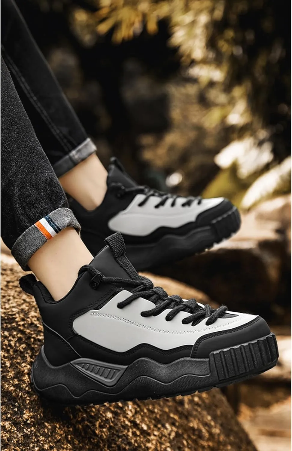 Men's Leather Fashion Casual Sneakers,Pull-On Platform Sneakers,Breathable Non-Slip Shock Absorbing Heighten Outdoor Running Shoes
