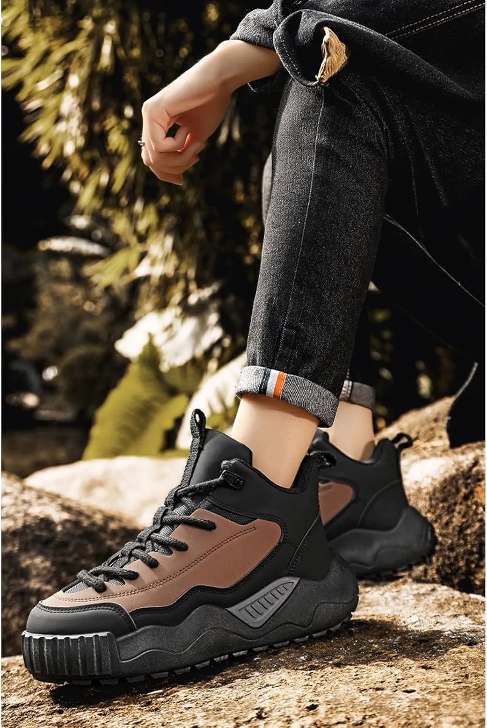 Men's Leather Fashion Casual Sneakers,Pull-On Platform Sneakers,Breathable Non-Slip Shock Absorbing Heighten Outdoor Running Shoes