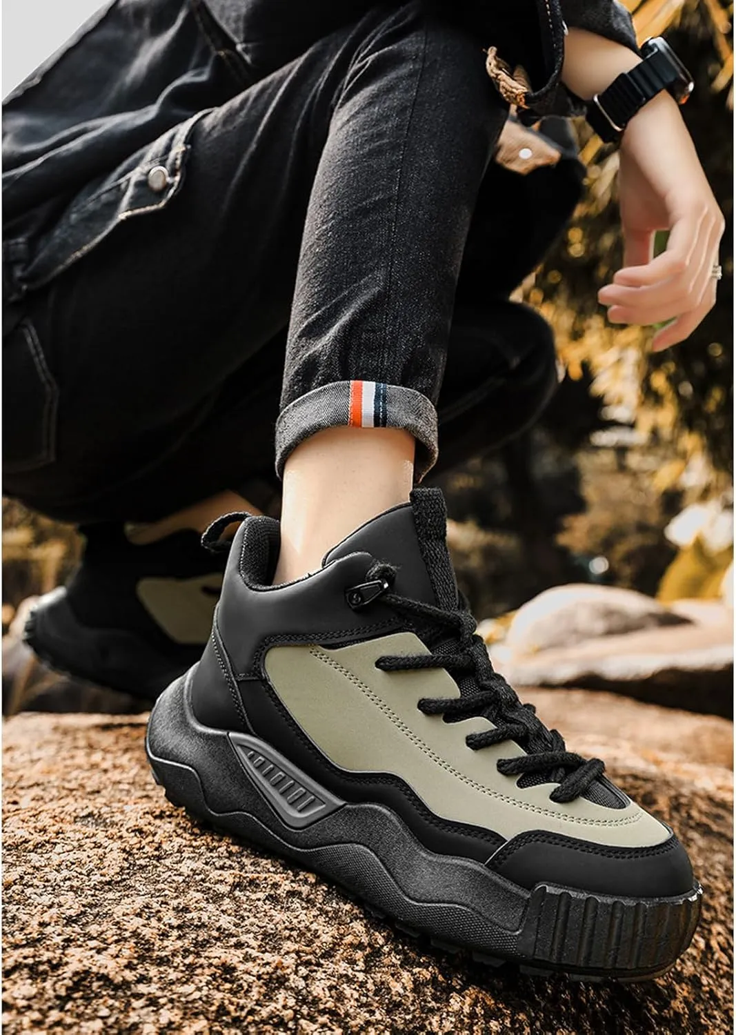 Men's Leather Fashion Casual Sneakers,Pull-On Platform Sneakers,Breathable Non-Slip Shock Absorbing Heighten Outdoor Running Shoes