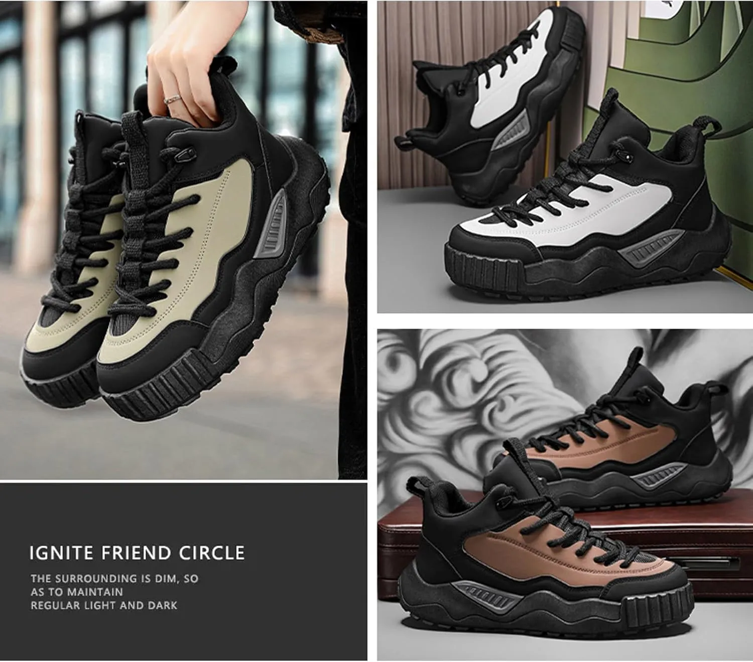 Men's Leather Fashion Casual Sneakers,Pull-On Platform Sneakers,Breathable Non-Slip Shock Absorbing Heighten Outdoor Running Shoes