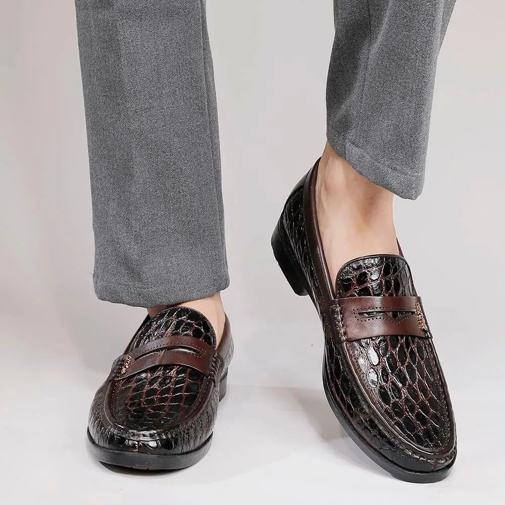 Men's Leather Penny Loafers Formal Dress Shoes Crocodile Printed Soft Slip-On Loafer for Men