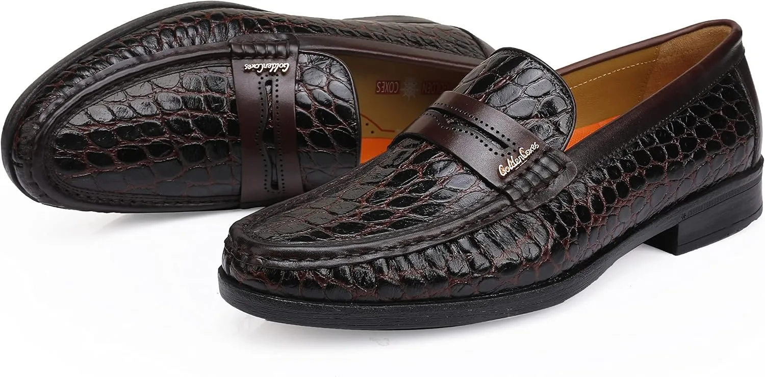 Men's Leather Penny Loafers Formal Dress Shoes Crocodile Printed Soft Slip-On Loafer for Men