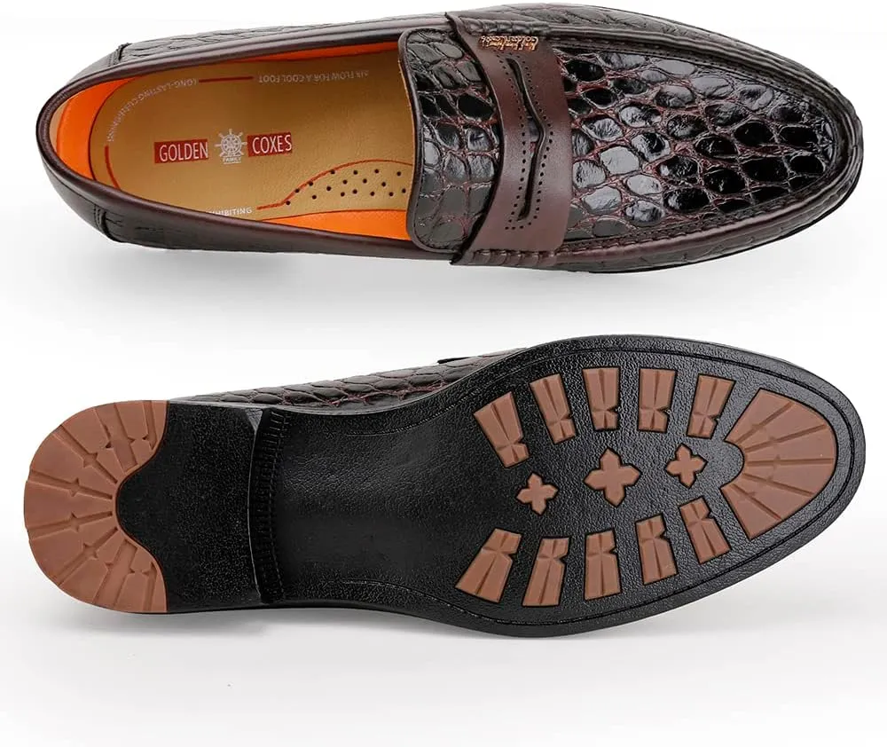 Men's Leather Penny Loafers Formal Dress Shoes Crocodile Printed Soft Slip-On Loafer for Men