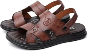 Mens Sandals Indoor and Outdoor Beach Casual Leather Slip On Two uses Athletic Slipper Soft