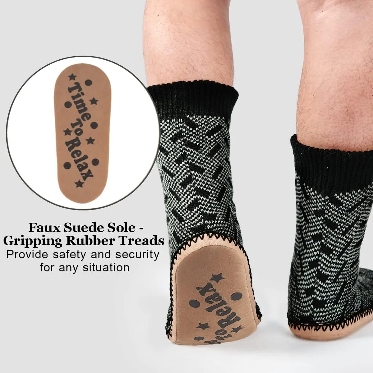 Men's Slipper Socks, Winter Cable Knit Non-Skid Warm Slipper Socks, Cozy Soft Indoor Socks with Fluffy Sherpa Lined