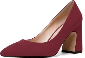 MERRORI Women's High Chunky Heels Block Suede Pointed Toe Office Slip On Dress Heel Pumps Shoes 3.3 Inch