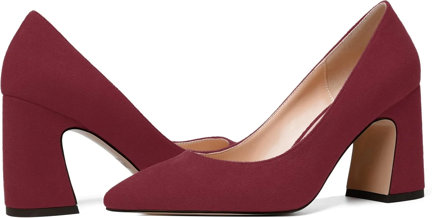 MERRORI Women's High Chunky Heels Block Suede Pointed Toe Office Slip On Dress Heel Pumps Shoes 3.3 Inch