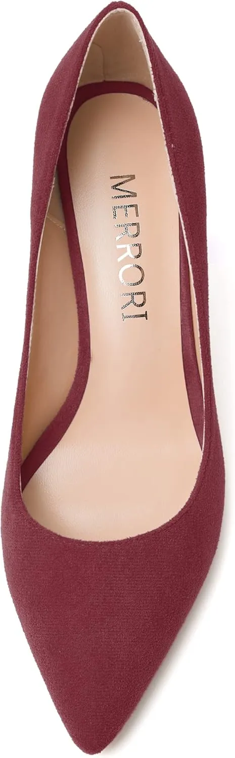 MERRORI Women's High Chunky Heels Block Suede Pointed Toe Office Slip On Dress Heel Pumps Shoes 3.3 Inch