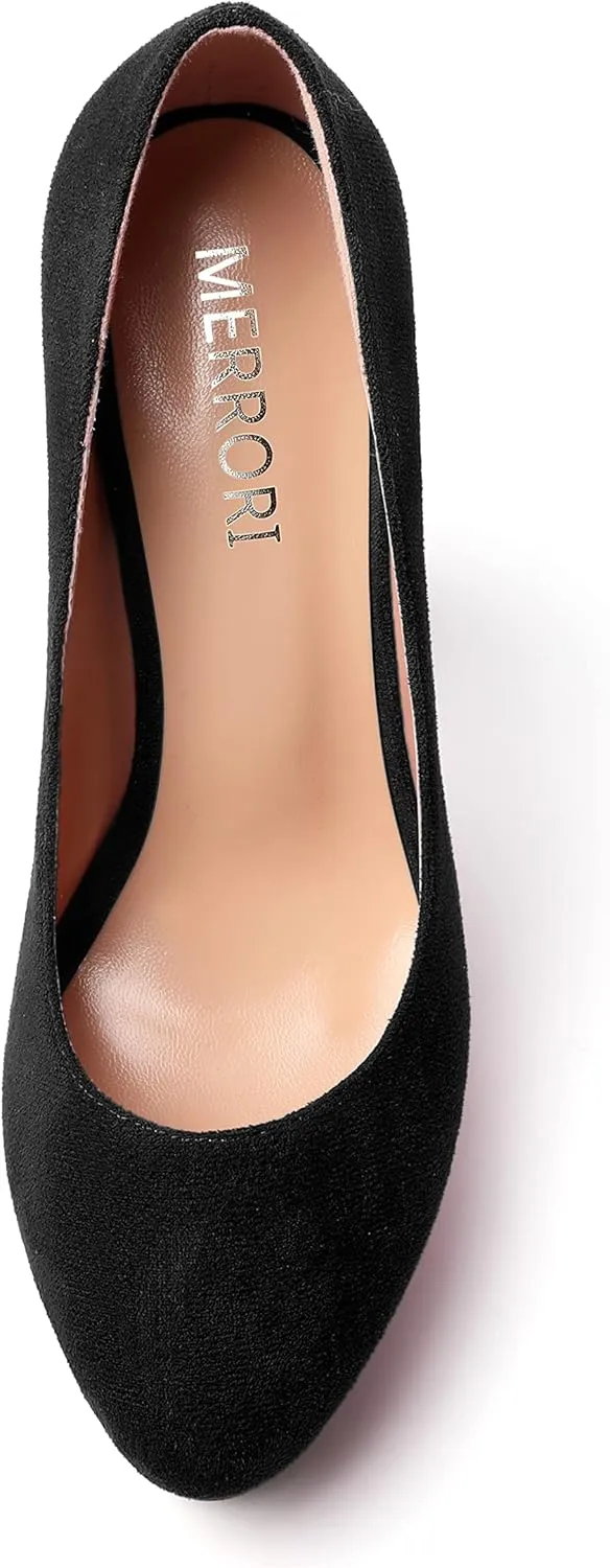 MERRORI Womens Round Toe Platform Party Suede Slip On Sexy Solid Chunky Super Super High Heel Pumps Shoes 5 Inch