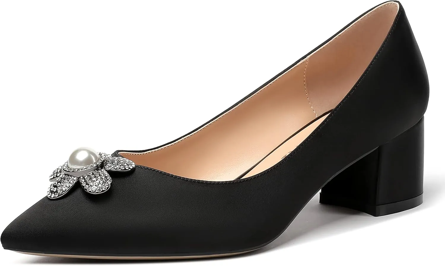 MERRORI Womens Simple Casual Slip On Solid Satin Pointed Toe Chunky Low Heel Pumps Shoes 1.5 Inch