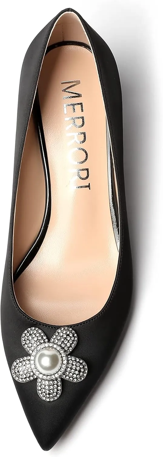 MERRORI Womens Simple Casual Slip On Solid Satin Pointed Toe Chunky Low Heel Pumps Shoes 1.5 Inch