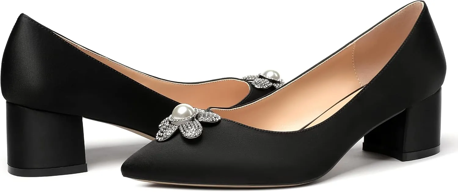 MERRORI Womens Simple Casual Slip On Solid Satin Pointed Toe Chunky Low Heel Pumps Shoes 1.5 Inch