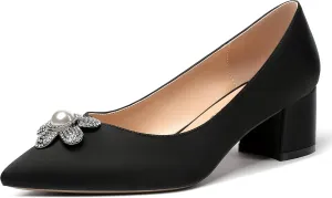 MERRORI Womens Simple Casual Slip On Solid Satin Pointed Toe Chunky Low Heel Pumps Shoes 1.5 Inch