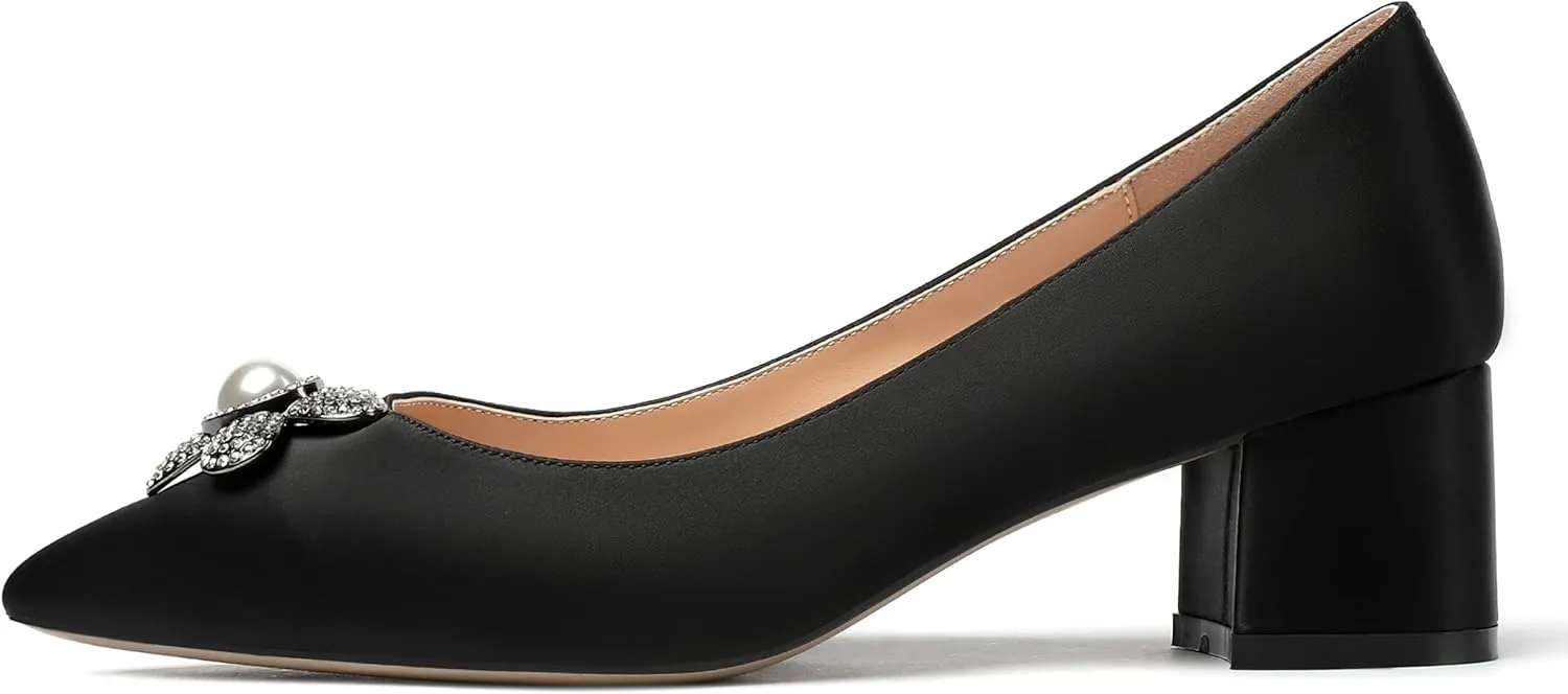 MERRORI Womens Simple Casual Slip On Solid Satin Pointed Toe Chunky Low Heel Pumps Shoes 1.5 Inch