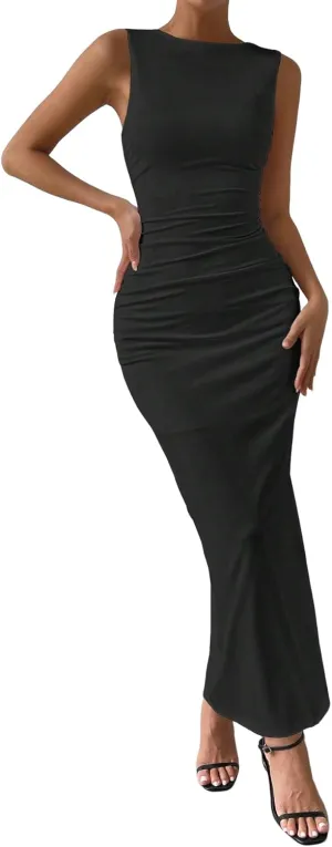 Milumia Women's Sleeveless Boat Neck Ruched Bodycon Maxi Dress Cocktail Long Dresses Elegant