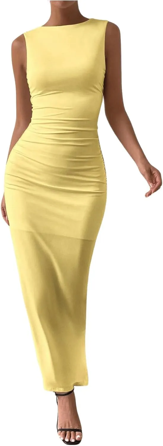 Milumia Women's Sleeveless Boat Neck Ruched Bodycon Maxi Dress Cocktail Long Dresses Elegant
