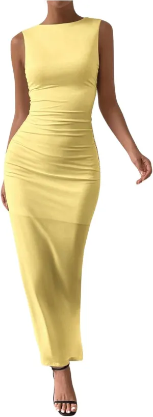 Milumia Women's Sleeveless Boat Neck Ruched Bodycon Maxi Dress Cocktail Long Dresses Elegant