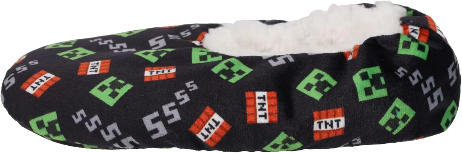Minecraft Sock Slippers for Kids, Allover Creeper Video Game Print, Black, Little Kid/Big Kid