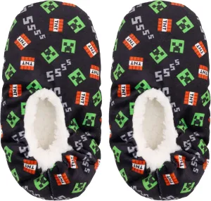 Minecraft Sock Slippers for Kids, Allover Creeper Video Game Print, Black, Little Kid/Big Kid