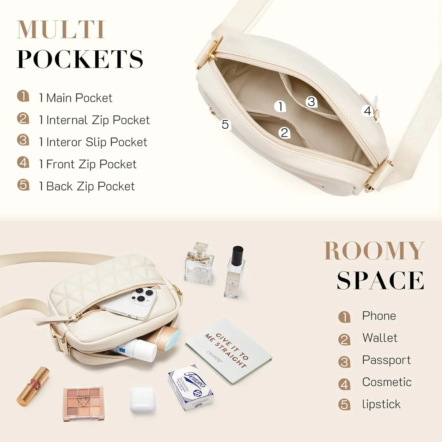 Missnine Small Crossbody Purse Women Quilted Crossbody Bags Soft Leather Shoulder Handbags with Adjustable Strap