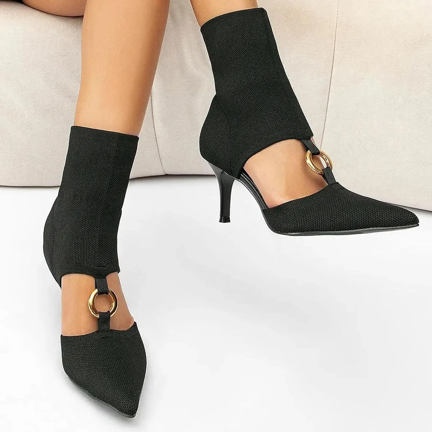 MOUSSE FIT Women's Slip-On Kitten Heel Boots - Breathable Mesh Ankle Booties for Comfortable Wear