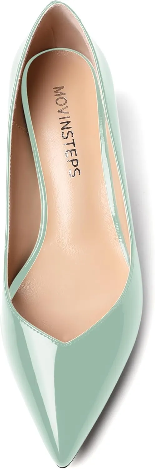 MOVINSTEPS Womens Pointed Toe Slip On Dress Dating Chunky Low Heel Pumps Shoes 2 Inch