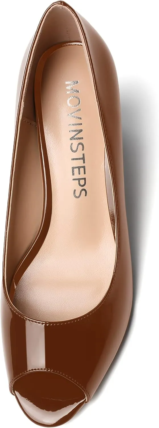 MOVINSTEPS Womens Slip On Dating Peep Toe Dress Patent Block Mid Heel Pumps Shoes 2.5 Inch